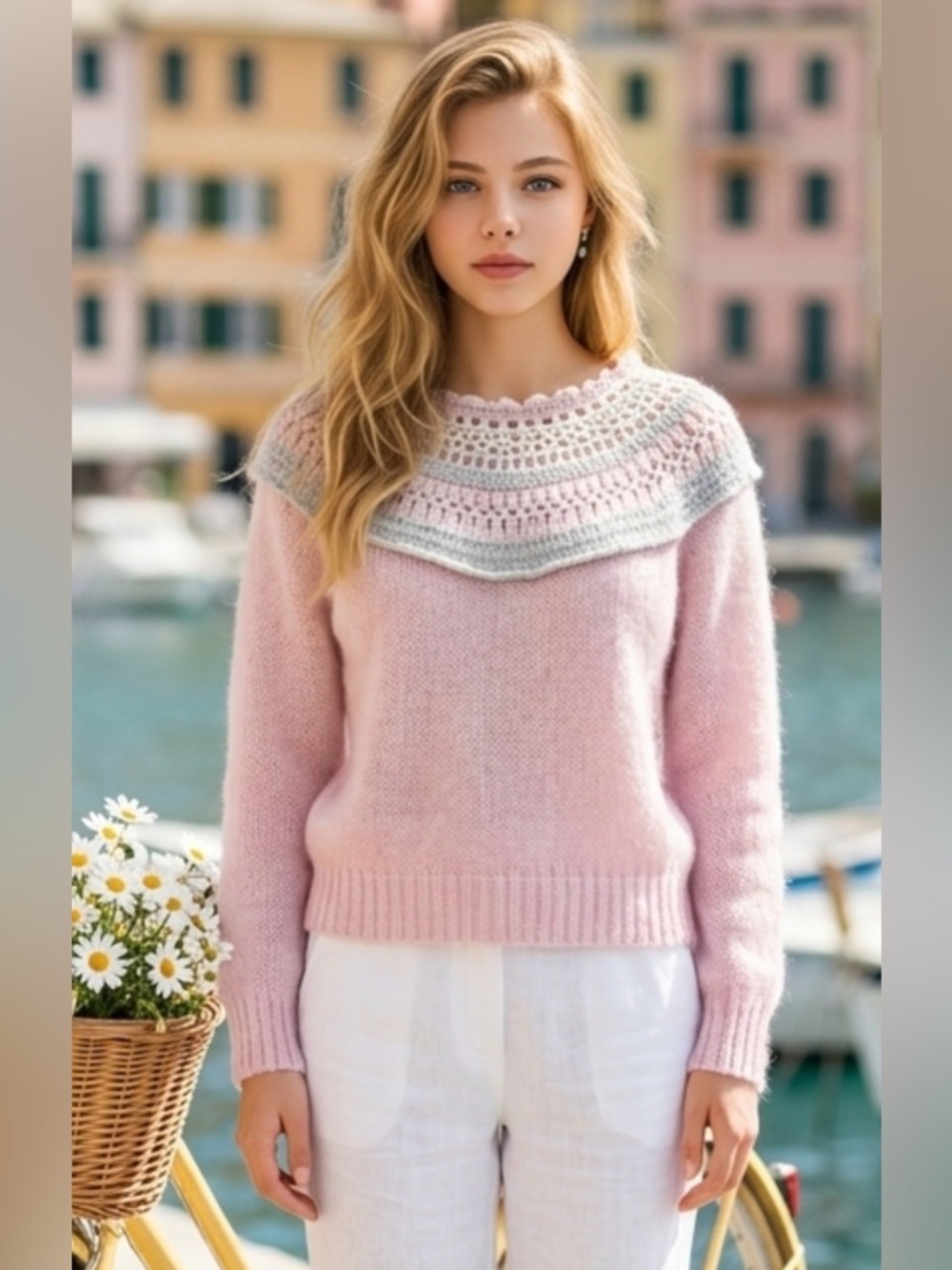 Elegant Pink and Mint Crochet Sweater